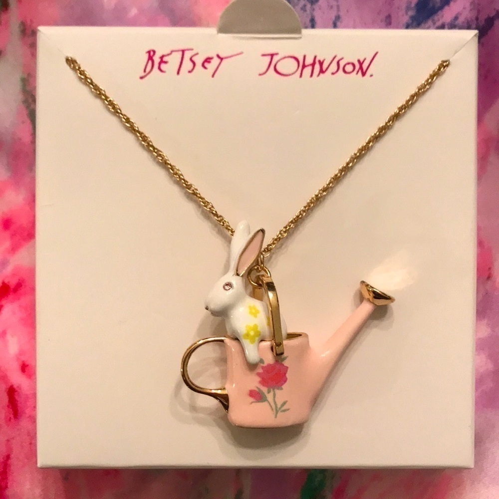 Brand New Betsey Johnson Watering Can Bunny Slider Long Pendant Necklace Easter - Picture 6 of 10